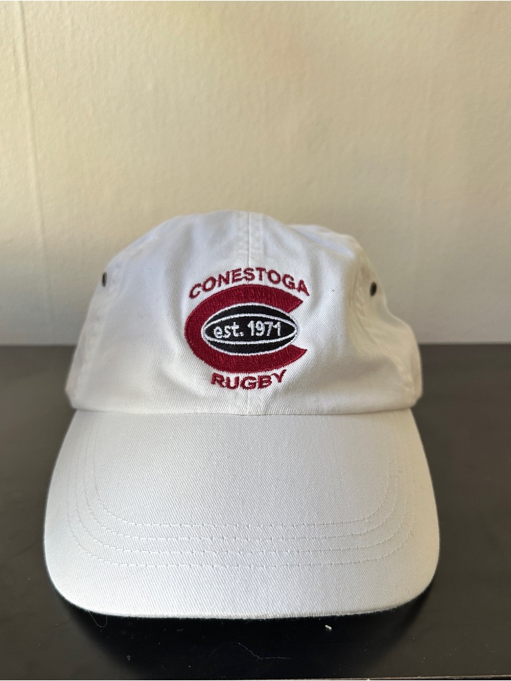 Conestoga Rugby White Baseball Cap with Red Embroidery